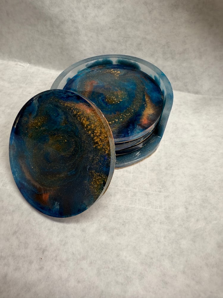 Image of Blue and Gold Drink Coasters With Holder