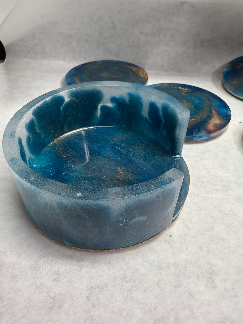 Image of Blue and Gold Drink Coasters With Holder | Resin Art | Sacred Geometry | Drink Coasters