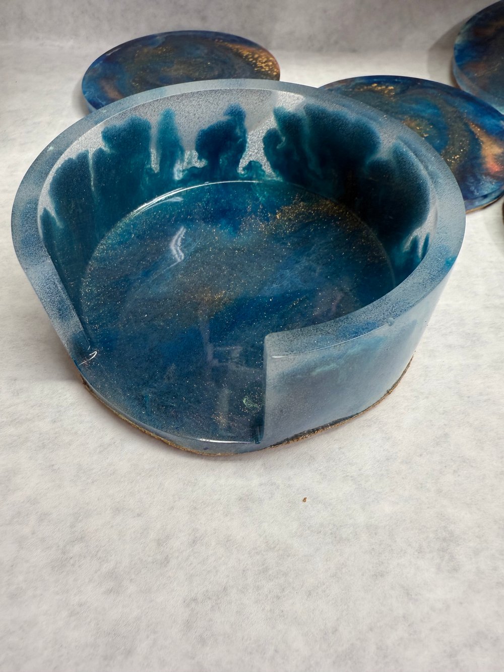 Image of Blue and Gold Drink Coasters With Holder