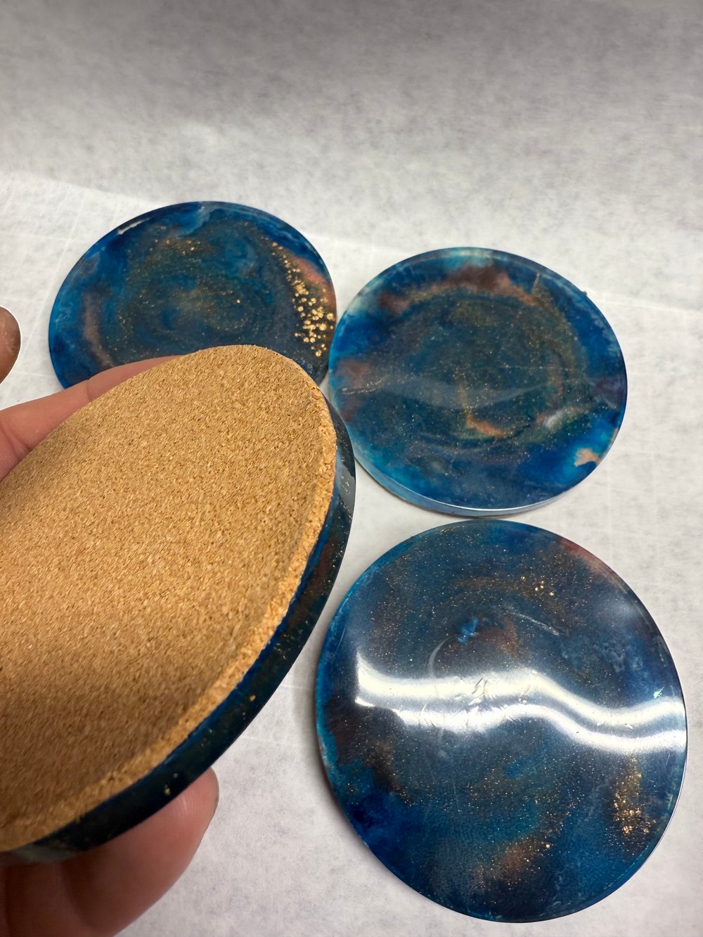 Image of Blue and Gold Drink Coasters With Holder | Resin Art | Sacred Geometry | Drink Coasters