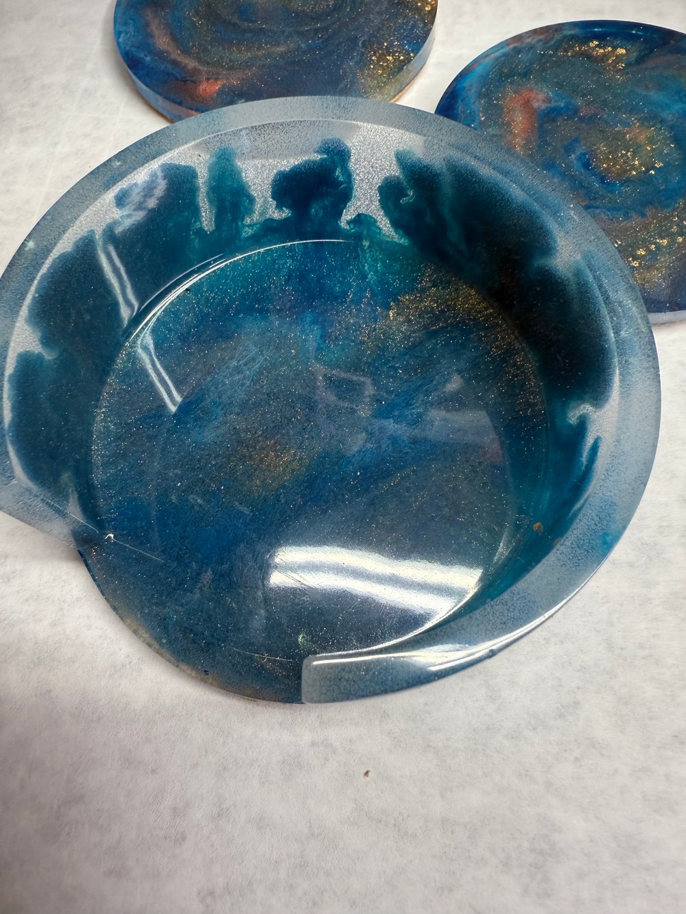 Image of Blue and Gold Drink Coasters With Holder | Resin Art | Sacred Geometry | Drink Coasters