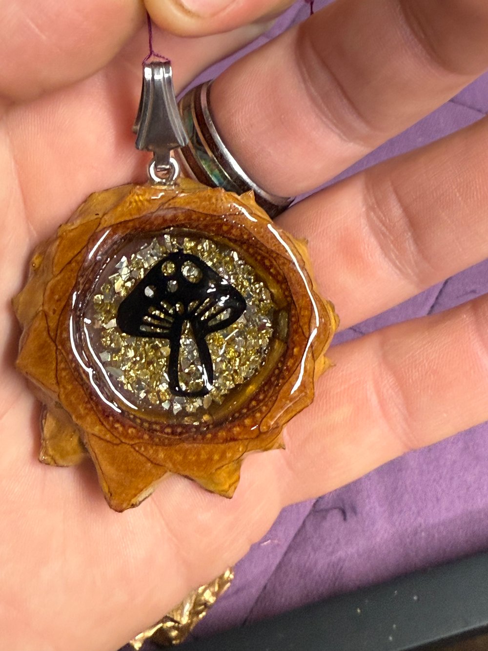 Image of Gold and Shrooms Pinecone Pendant #85
