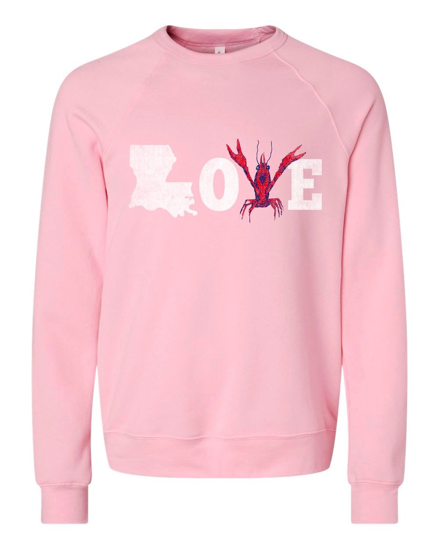 Image of Adult LOVE crawfish Sweatshirt on Pink 