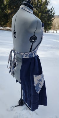 Image 3 of Linen Pinafore Apron- Blue & Natural Floral