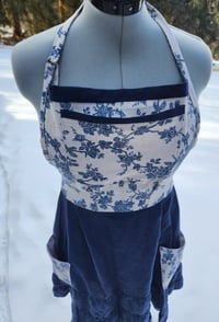 Image 5 of Linen Pinafore Apron- Blue & Natural Floral