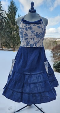 Image 7 of Linen Pinafore Apron- Blue & Natural Floral