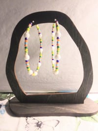 Image 6 of Delphinium White, Leaf Green, Yellow, and Orange Multicolor Beaded Large Hoop Earrings