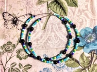 Image 9 of Viola Black, Leaf Green, and Blue Multicolor Beaded Large Hoop Earrings