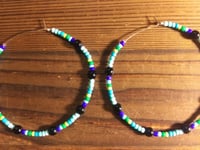 Image 3 of Viola Black, Leaf Green, and Blue Multicolor Beaded Large Hoop Earrings
