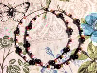 Image 9 of Onyx Black, Cherry Red, White, and Grey Multicolor Beaded Large Hoop Earrings