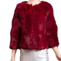 Image 1 of Merlot red color genuine rabbit fur crop 3/4 sleeve jacket