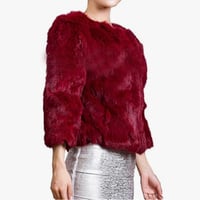 Image 2 of Merlot red color genuine rabbit fur crop 3/4 sleeve jacket