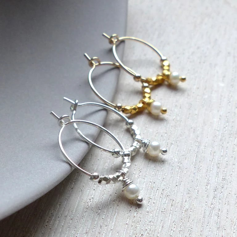 Image of Pearl or Semi-Precious Stone And Fair Trade Petite Hoops