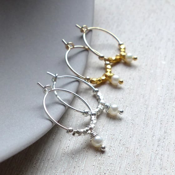 Image of Pearl or Semi-Precious Stone And Fair Trade Petite Hoops