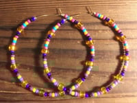 Image 4 of Plumeria Orange, Ocean Blue, Black, and Burgundy Multicolor Beaded Large Hoop Earrings