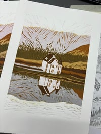 The Pink House Reduction Lino Print