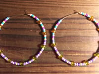 Image 3 of Plumeria Orange, Ocean Blue, Purple, and Grey Multicolor Beaded Large Hoop Earrings