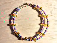 Image 1 of Plumeria Orange, Ocean Blue, Purple, and Grey Multicolor Beaded Large Hoop Earrings