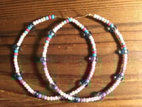 Image 4 of Sky Blue, Carnation Pink, Orange, and Magenta Multicolor Beaded Large Hoop Earrings