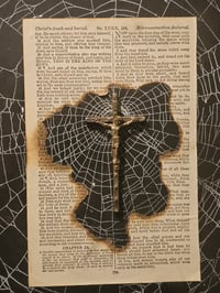 Image 3 of Striking Danish framed vintage crucifix - 1800's bible page with preserved spider web