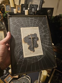 Image 2 of Striking Danish framed vintage crucifix - 1800's bible page with preserved spider web