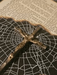 Image 5 of Striking Danish framed vintage crucifix - 1800's bible page with preserved spider web
