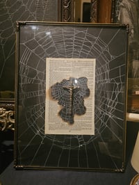 Image 1 of Striking Danish framed vintage crucifix - 1800's bible page with preserved spider web