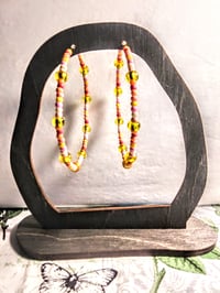 Image 6 of Lemon Yellow, Carnation Pink, and Orange Multicolor Beaded Large Hoop Earrings