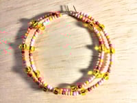 Image 1 of Lemon Yellow, Carnation Pink, and Orange Multicolor Beaded Large Hoop Earrings