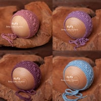 Image 6 of Newborn openwork  bonnets pink lilac heather blue