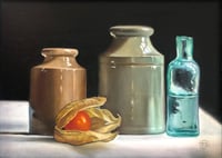 Image 1 of Stoneware & Aqua glass bottle with Physalis 