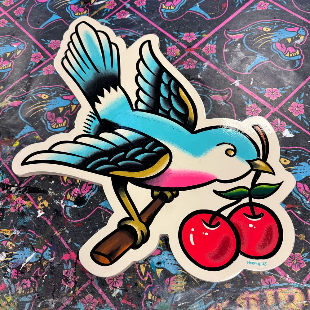 Swallow w/ Cherries- Hand painted wood cutout