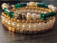 Image 1 of Green, white and gold beaded memory wire stackable bracelet 