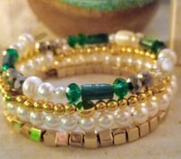 Image 3 of Green, white and gold beaded memory wire stackable bracelet 