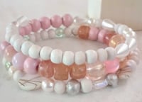 Image 3 of Pink and white boho style beaded memory wire wrap bracelet 