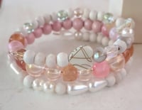 Image 2 of Pink and white boho style beaded memory wire wrap bracelet 