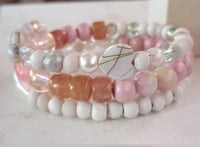 Image 1 of Pink and white boho style beaded memory wire wrap bracelet 