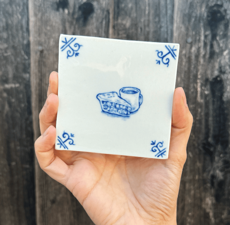 Image of Porcelain Delft Tile - Coffee and a Slice of Pie