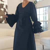 Image 2 of Wrap Dress with Long Ruffle Sleeves/ Black