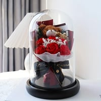 Anniversary Enchanted Rose in Glass Dome with Teddy Bear, Artificial Rose Bouquet Gift, Tabletop Dec