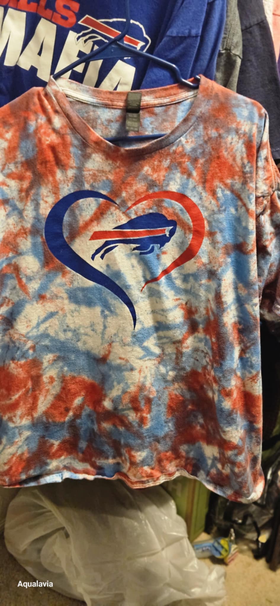 Image of Red and blue tye dyed bills tshirt Not for sale