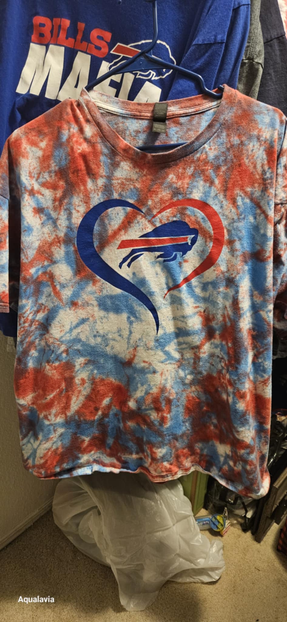 Image of Red and blue tye dyed bills tshirt Not for sale