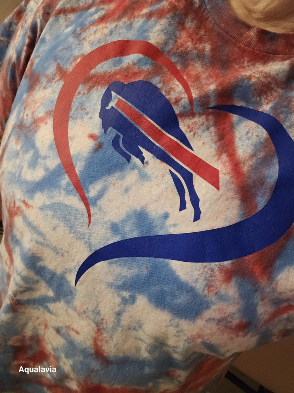 Image of Red and blue tye dyed bills tshirt Not for sale