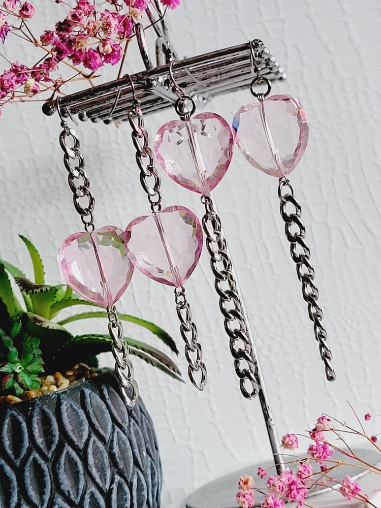 Image of Pink Heart "Love Link" Chain Earrings 