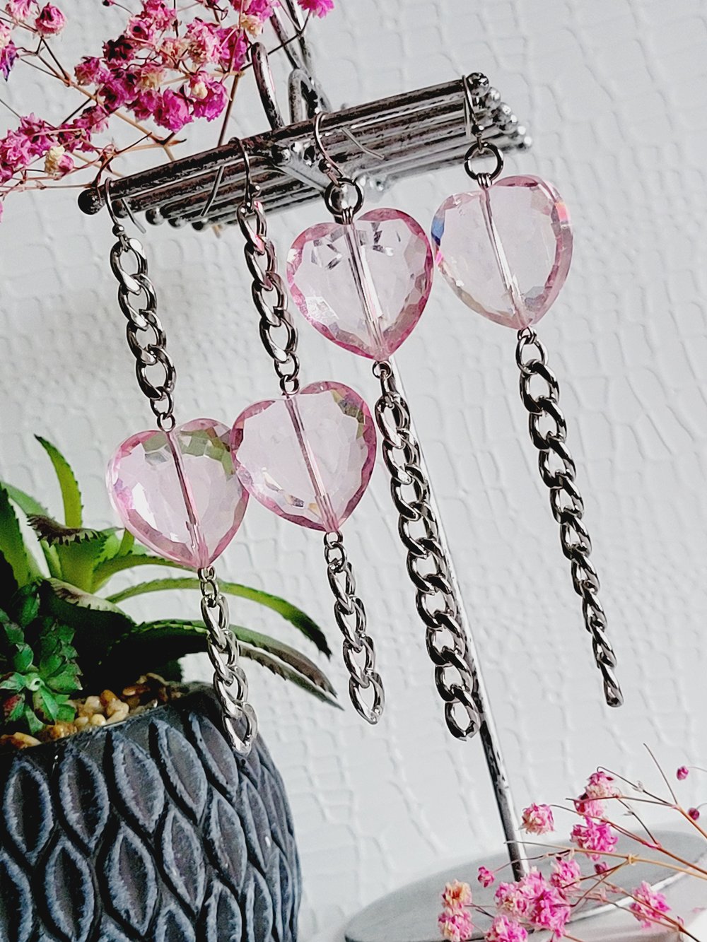 Image of Pink Heart "Love Link" Chain Earrings 