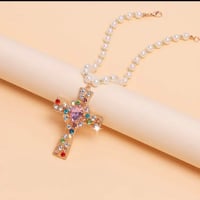 Image 2 of Pearl Necklace w/Colorful Rhinestone Cross