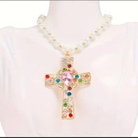 Image 1 of Pearl Necklace w/Colorful Rhinestone Cross
