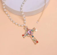 Image 3 of Pearl Necklace w/Colorful Rhinestone Cross