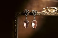 Image 1 of Feminine Coquette Demure Gothic Bow Earrings + Sterling Silver OOAK Bows and Coffins + Creepy Cut...