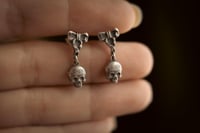 Image 2 of Dainty Gothic Skull Bow Dangle Earrings + OOAK Sterling Silver Jewelry + Haunted Aesthetic Gifts